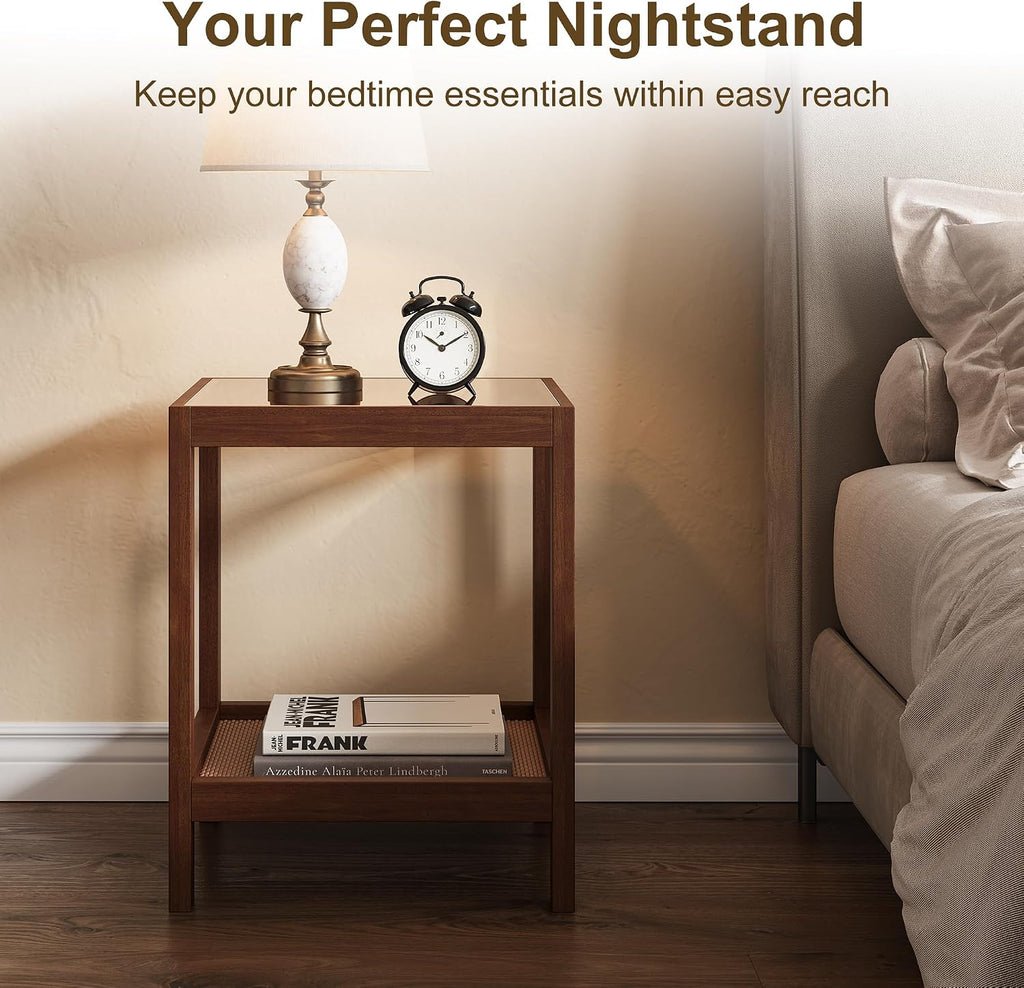 Boho Solid Wood Nightstands with Rattan Shelf