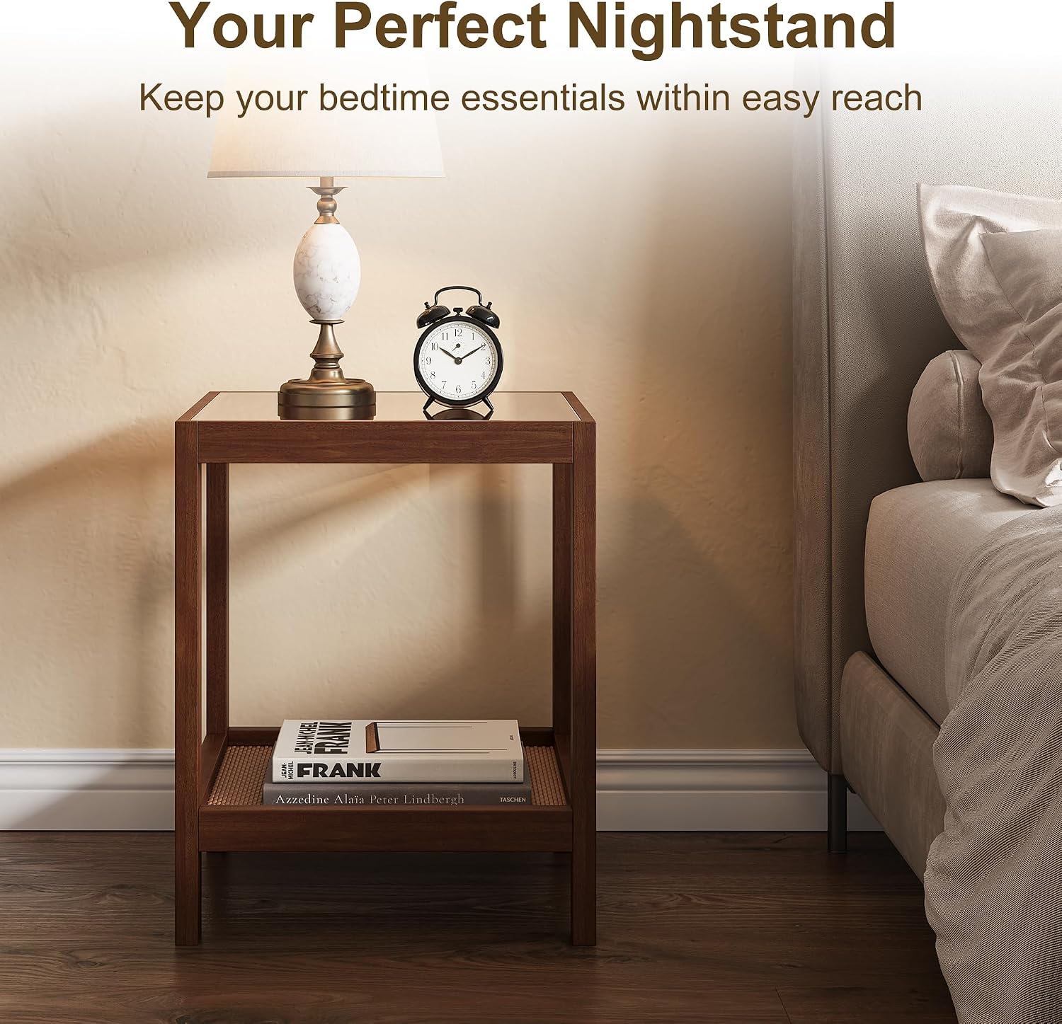 Boho Solid Wood Nightstands with Rattan Shelf