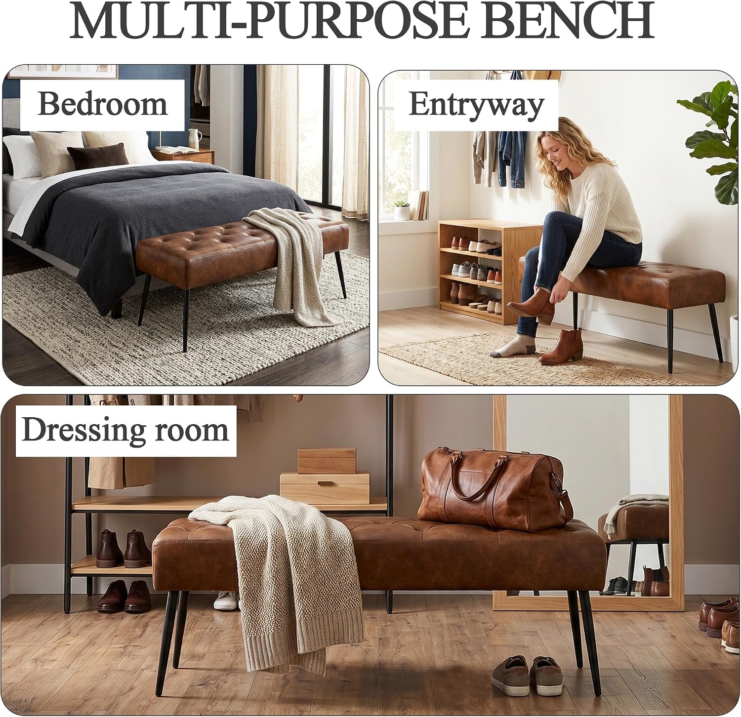 Tufted Leather Upholstered Storage Ottoman Bench