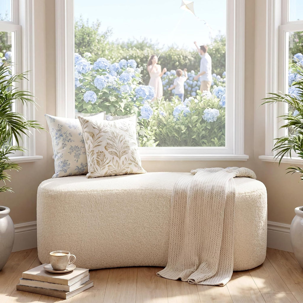 Modern Curved Sherpa Upholstered Ottoman Bench