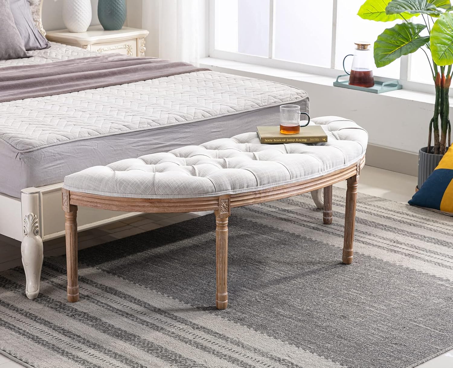 Vintage Tufted Fabric Semi‑Circle Bench