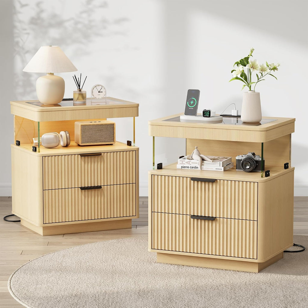 Fluted Oak Nightstands with Charging Station