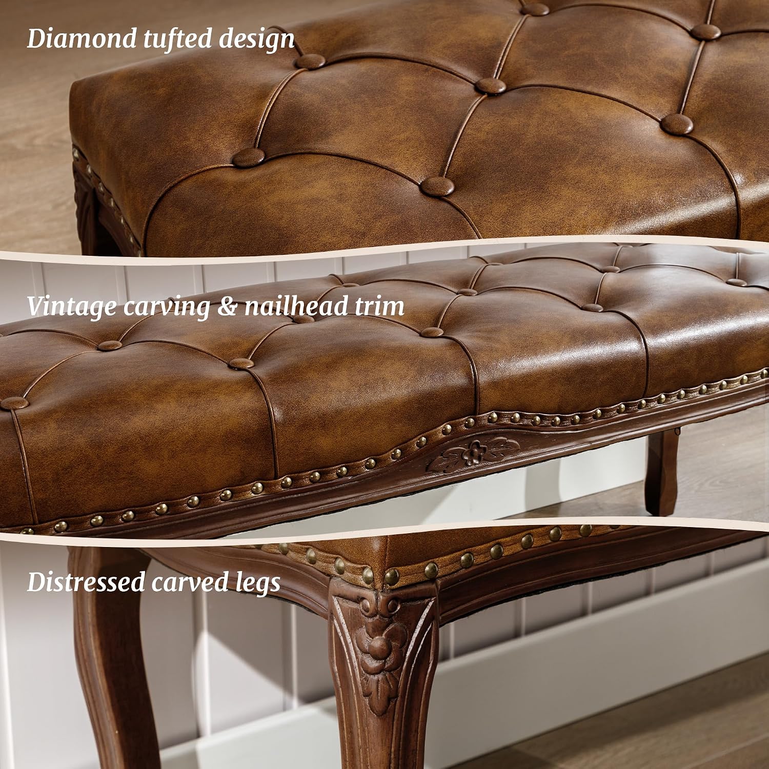 Vintage Tufted Faux Leather Ottoman Bench