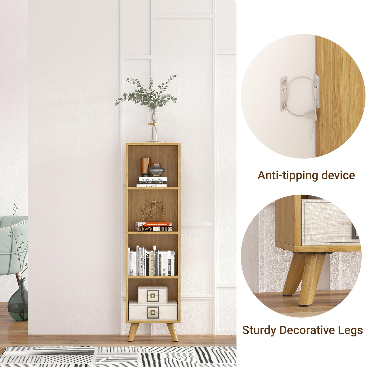 Modern Oak 4‑Tier Narrow Open Bookshelf