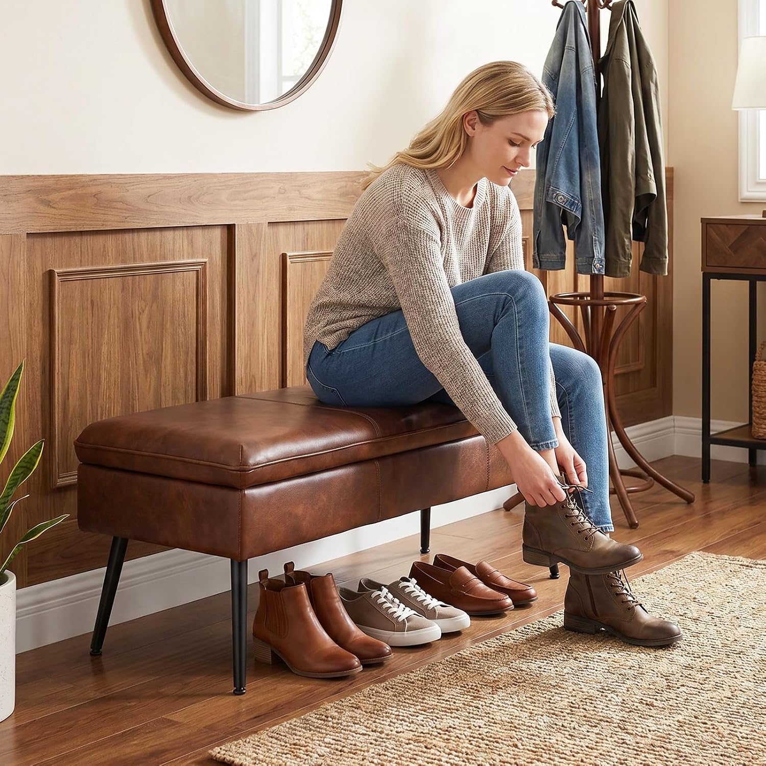 Large Upholstered Entryway Storage Ottoman Bench