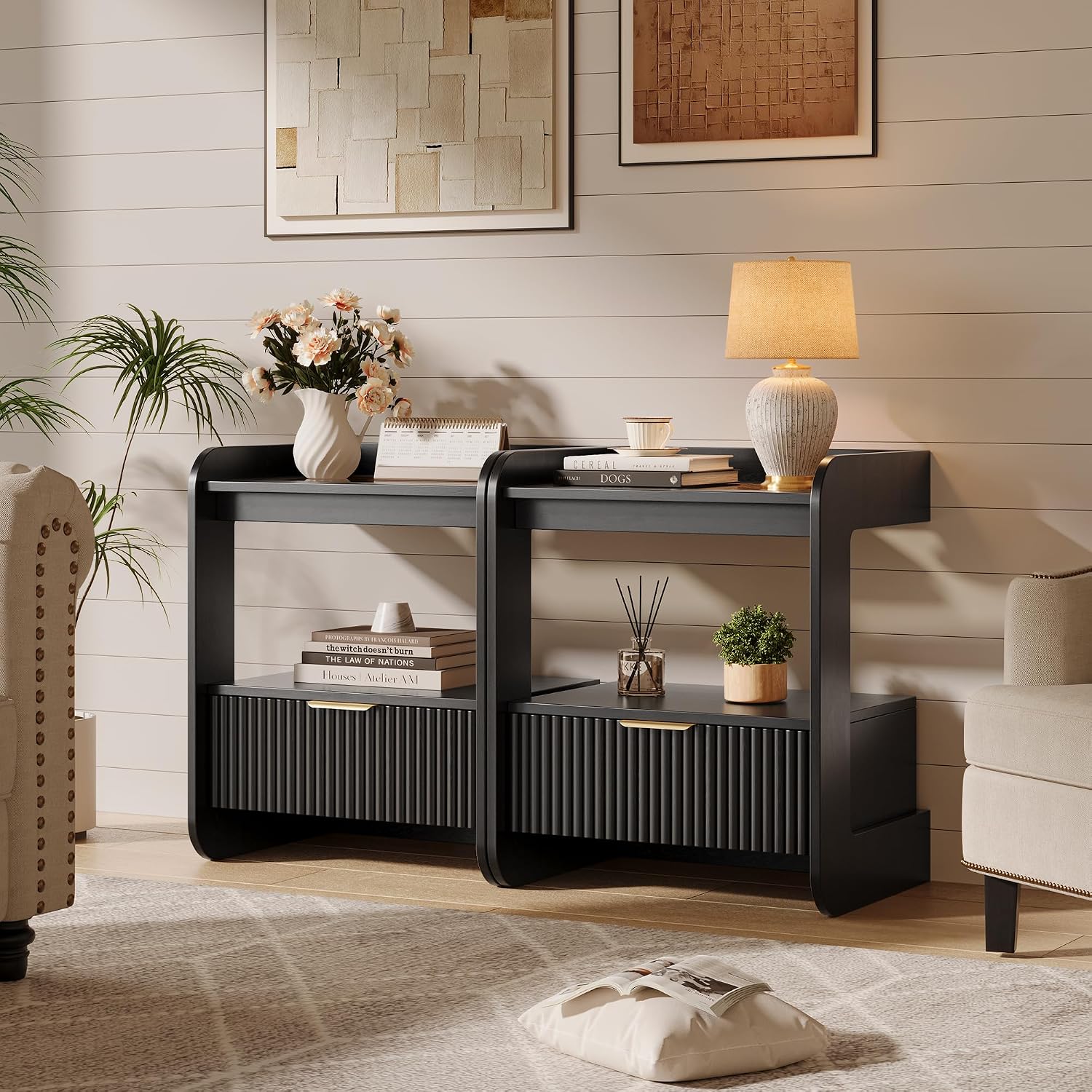 Modern Fluted Wooden Nightstand with Glass Top