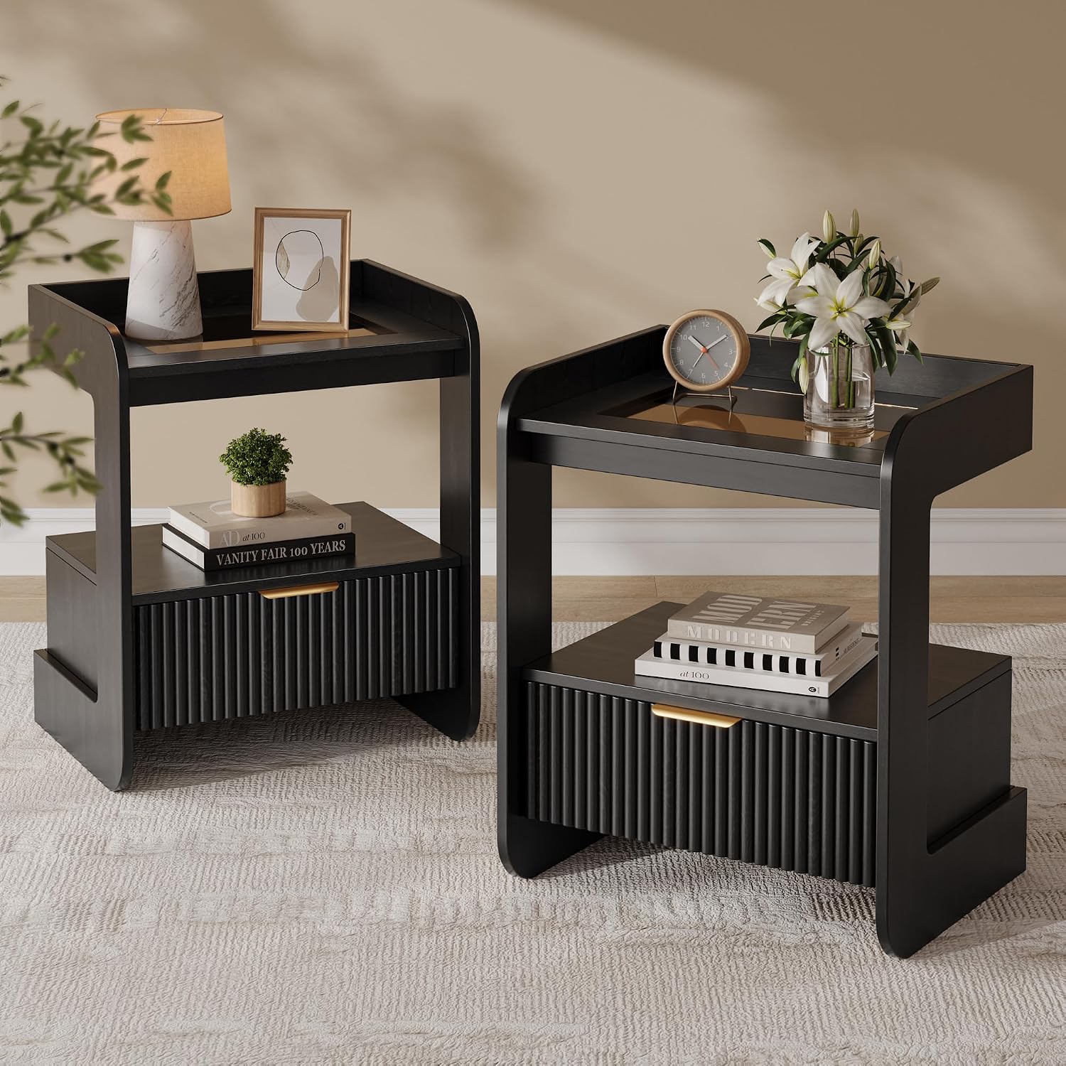 Modern Fluted Wooden Nightstand with Glass Top