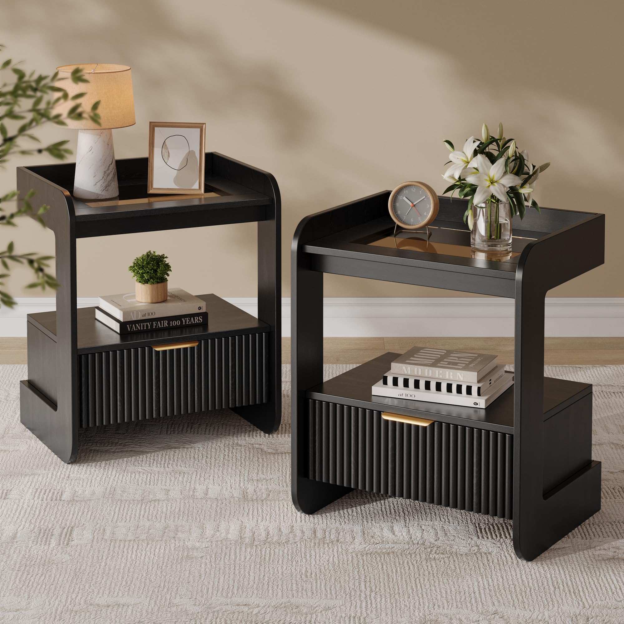 Modern Fluted Wooden Nightstand with Glass Top