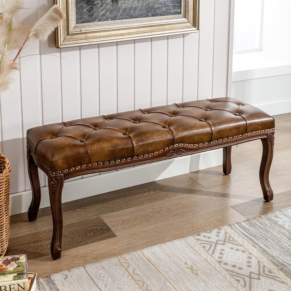 Vintage Tufted Faux Leather Ottoman Bench