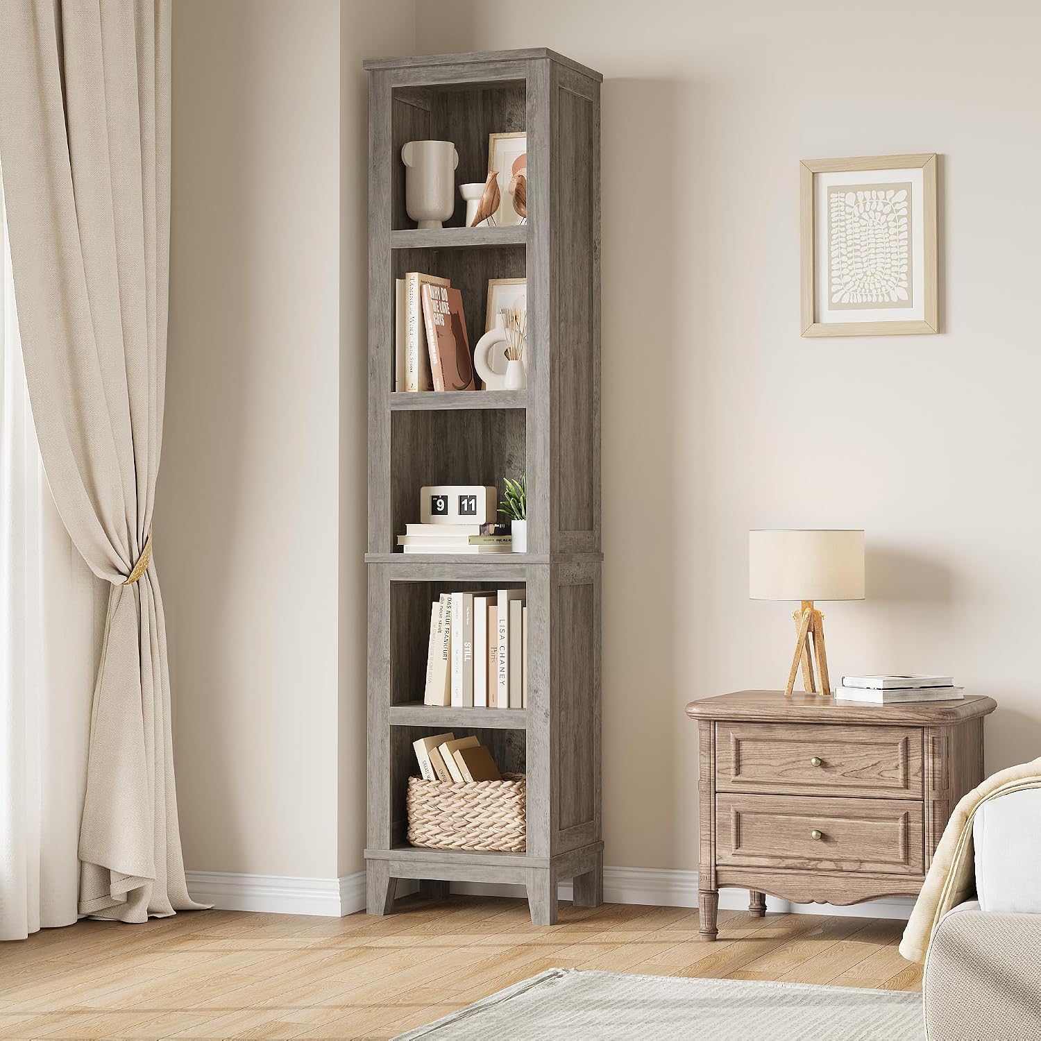 Farmhouse Oak 5‑Tier Narrow Wooden Bookshelf
