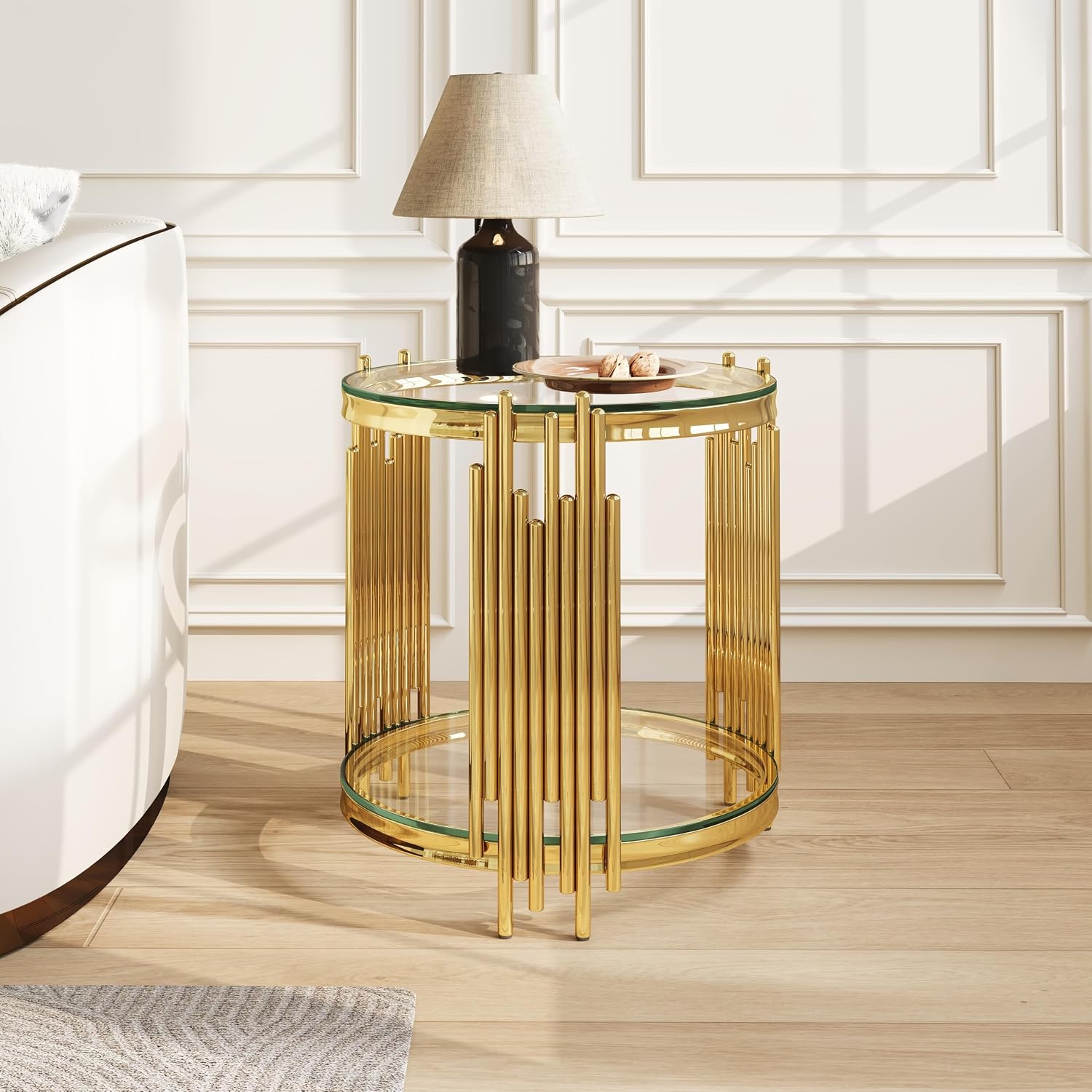 Gold Glass Side Table with Storage Drawers
