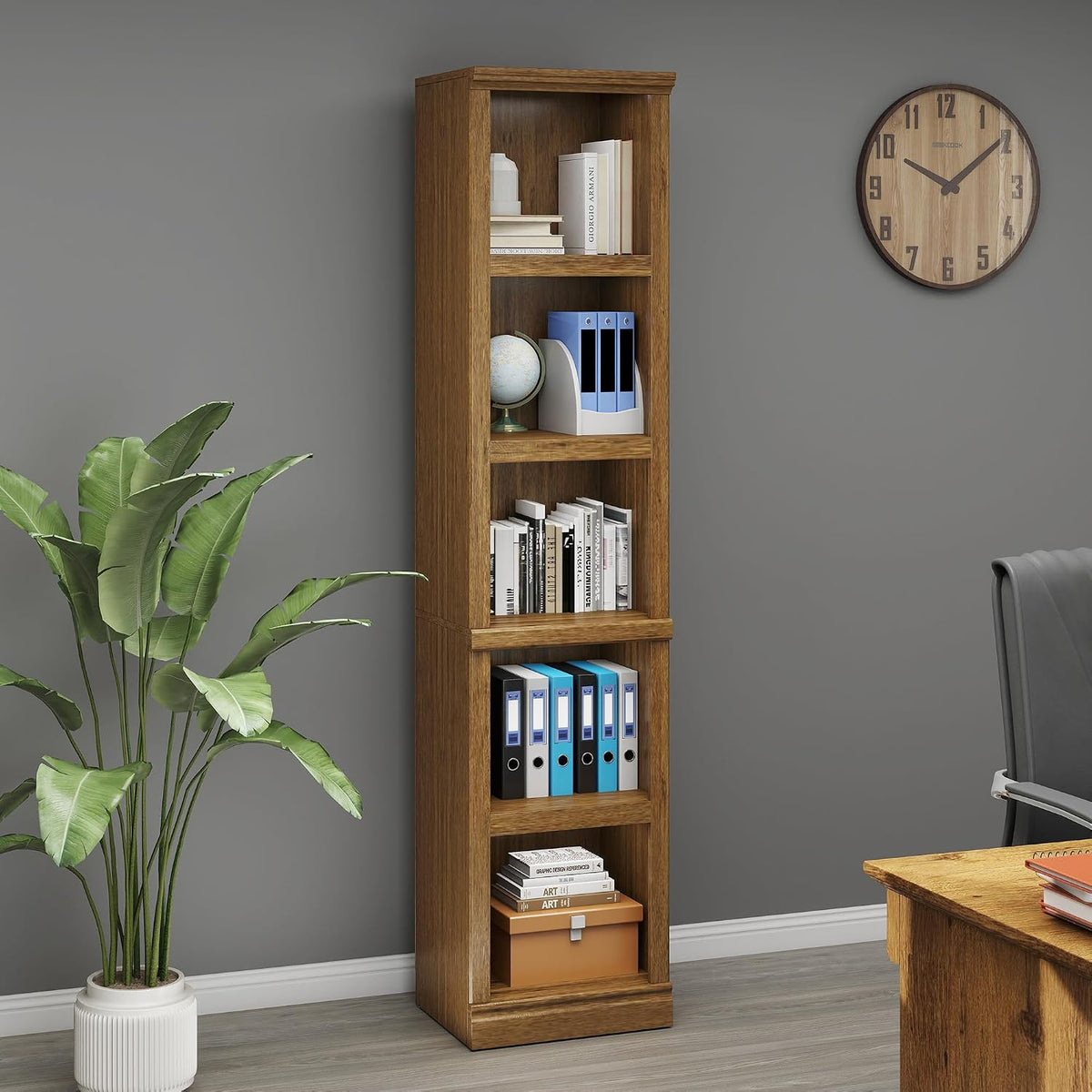 Vintage Oak 5‑Tier Tall Narrow Bookshelf