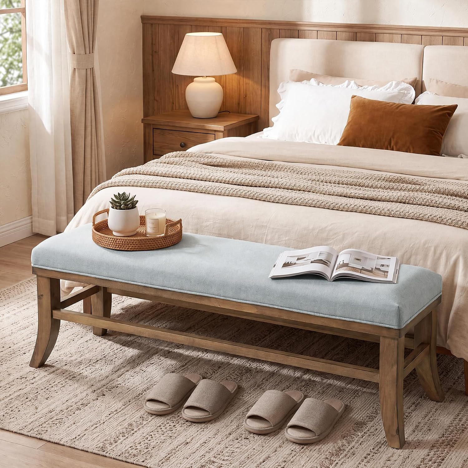 Linen Upholstered Solid Wood Entryway Bench