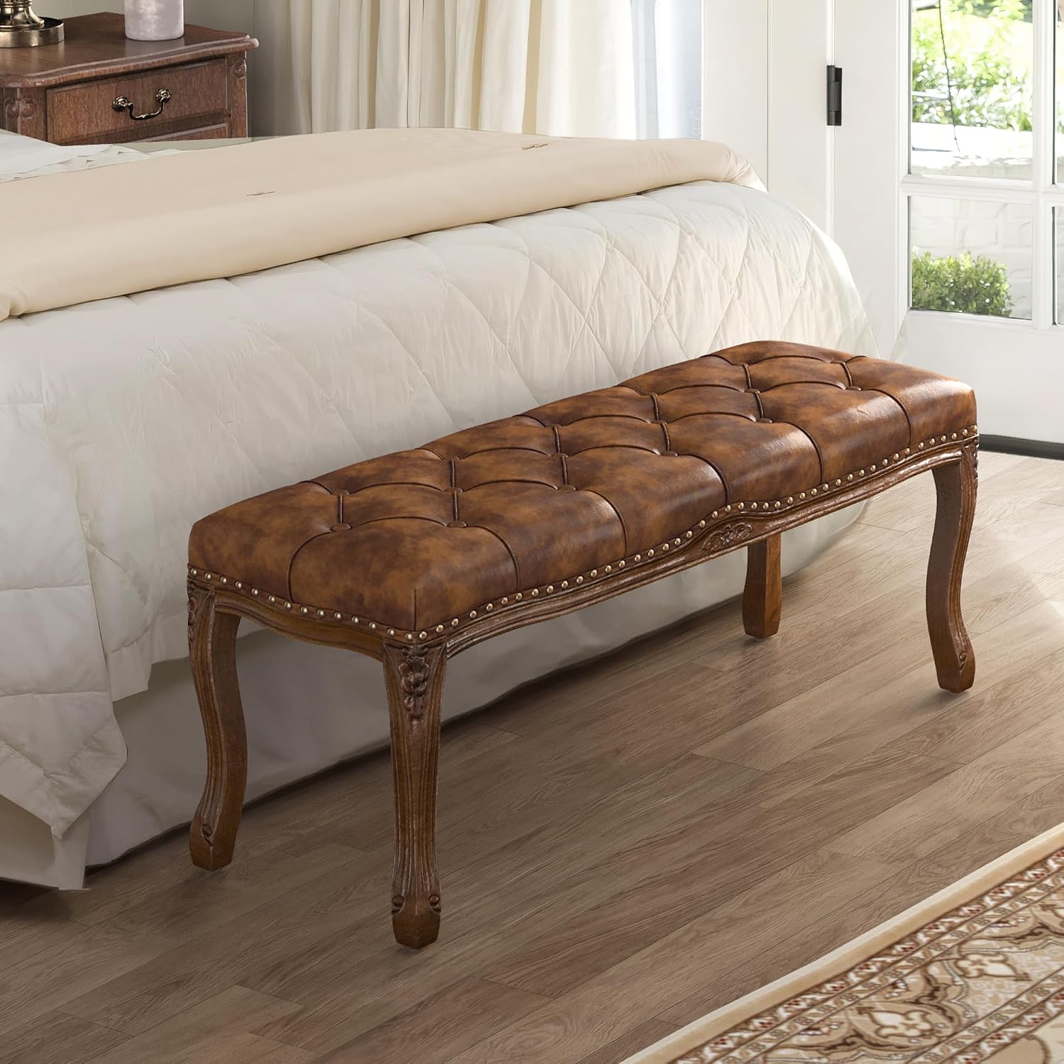Vintage Tufted Faux Leather Ottoman Bench