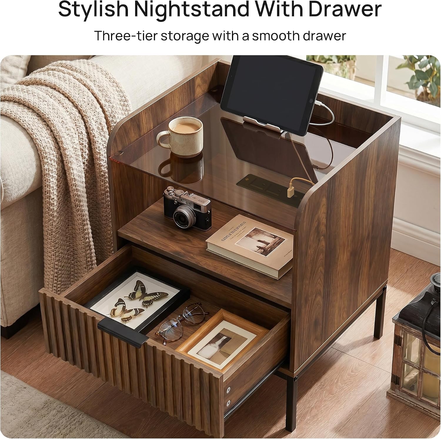 Mid‑Century Walnut Nightstands with Charging Station