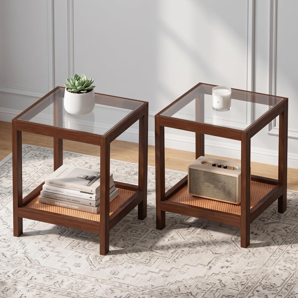 Boho Solid Wood Nightstands with Rattan Shelf
