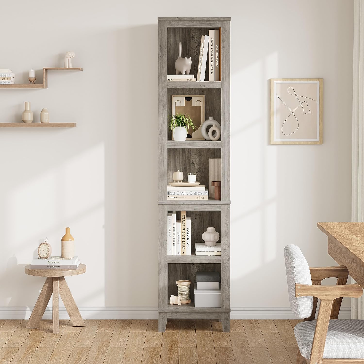 Farmhouse Oak 5‑Tier Narrow Wooden Bookshelf