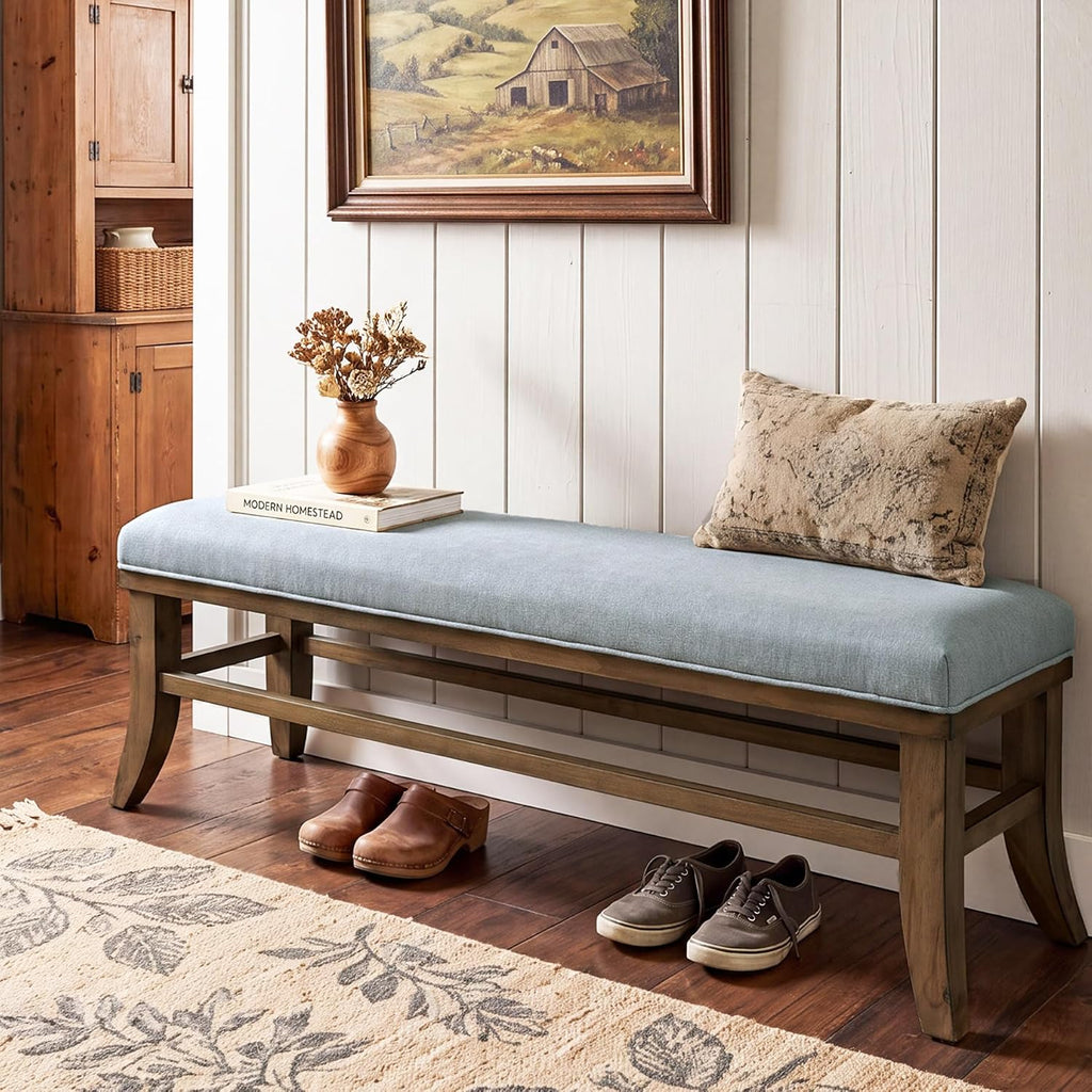 Linen Upholstered Solid Wood Entryway Bench