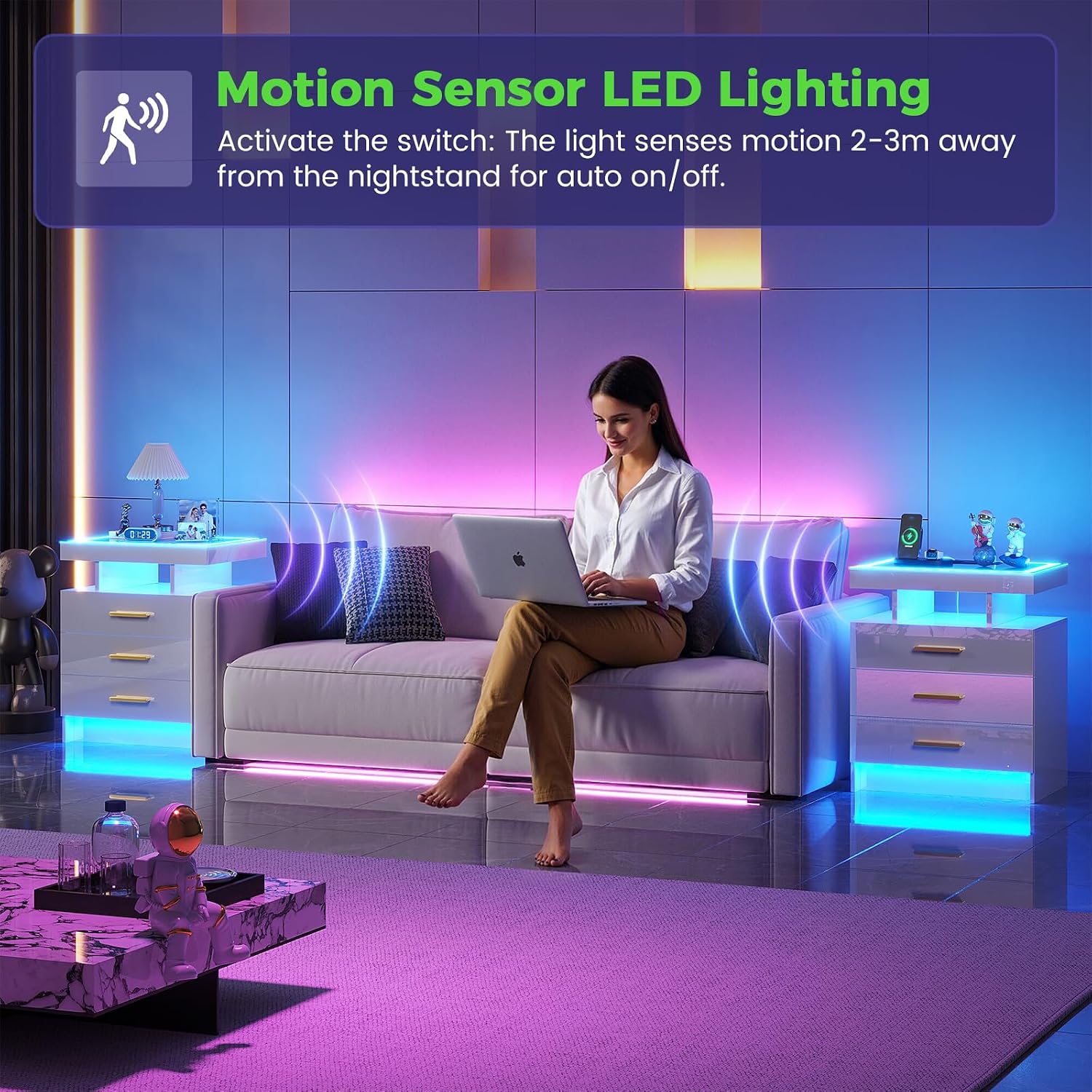 White LED Nightstand With Motion Sensor Lights