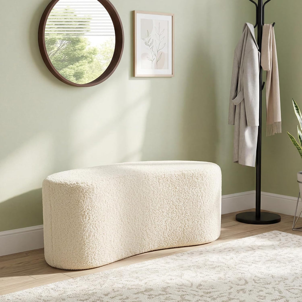 Modern Curved Sherpa Upholstered Ottoman Bench