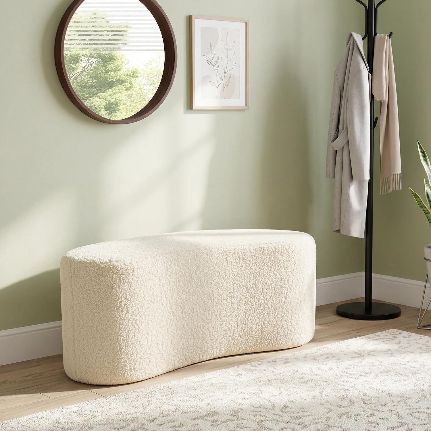 Modern Curved Sherpa Upholstered Ottoman Bench
