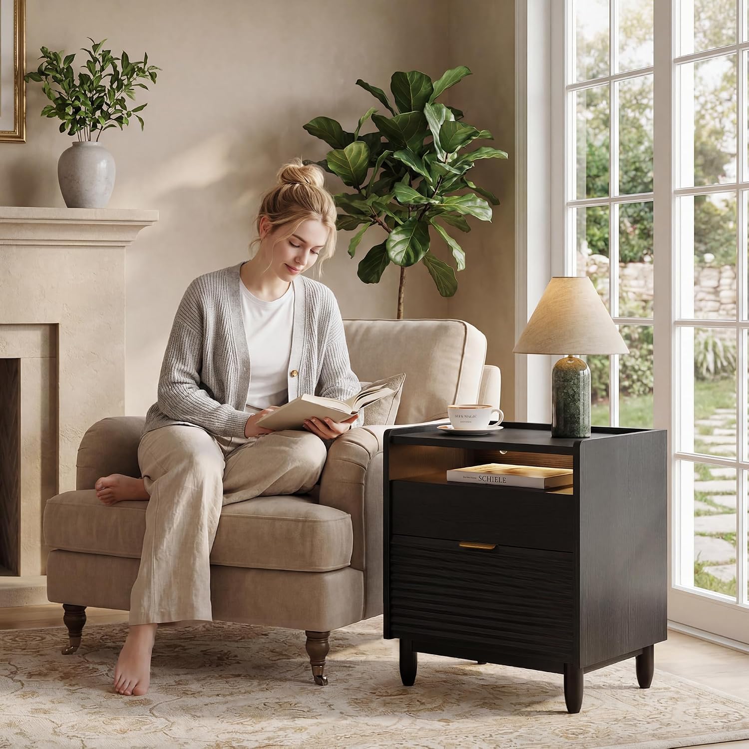 Black Fluted Nightstand with Charging Station