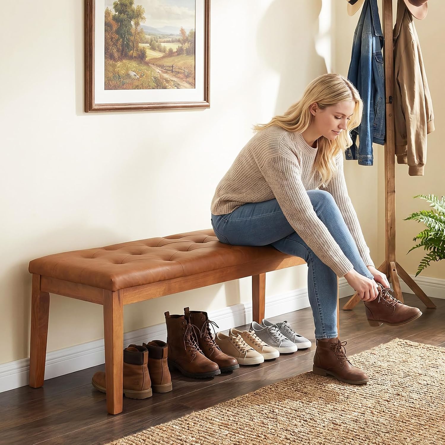Oversized Faux Leather Entryway Ottoman Bench Seat