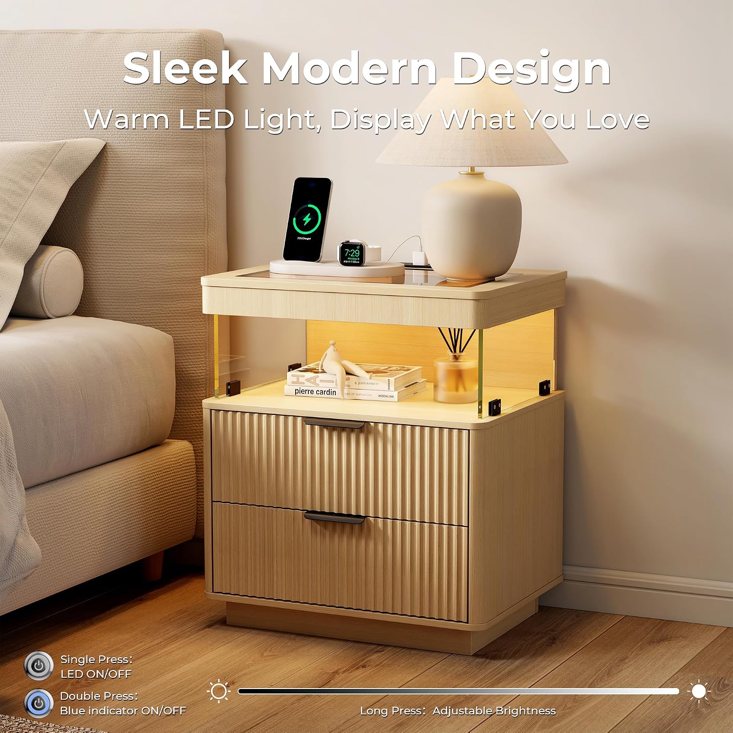 Fluted Oak Nightstands with Charging Station
