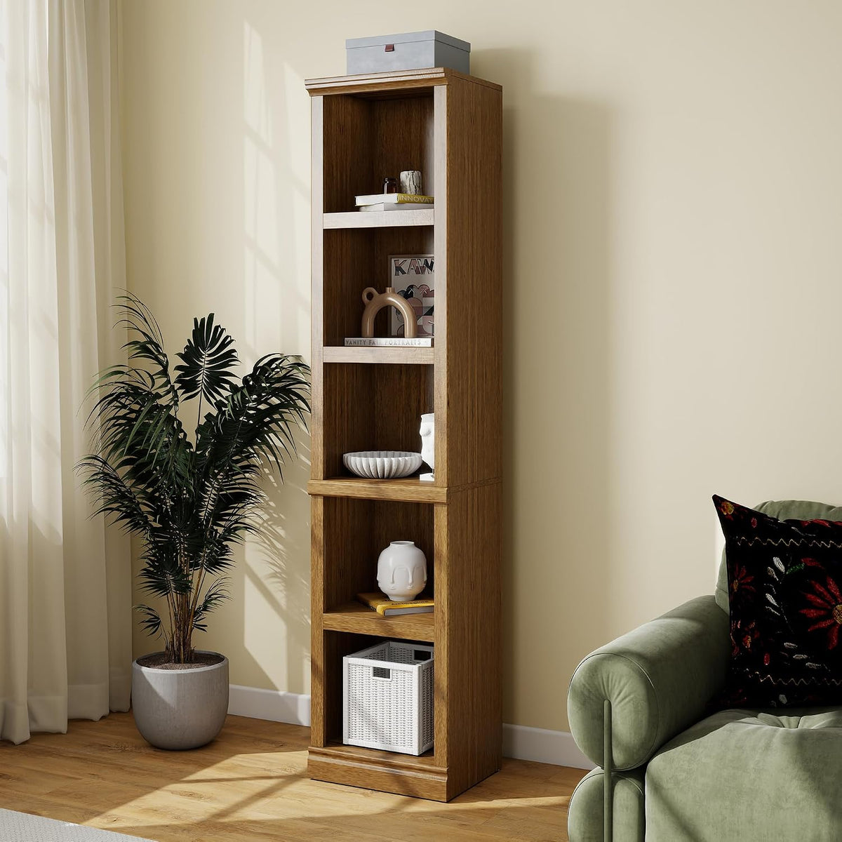 Vintage Oak 5‑Tier Tall Narrow Bookshelf