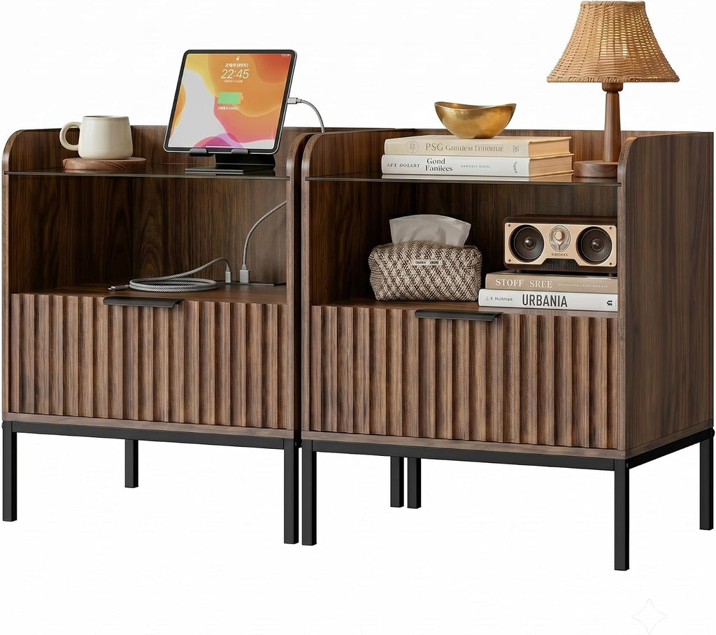 Mid‑Century Walnut Nightstands with Charging Station