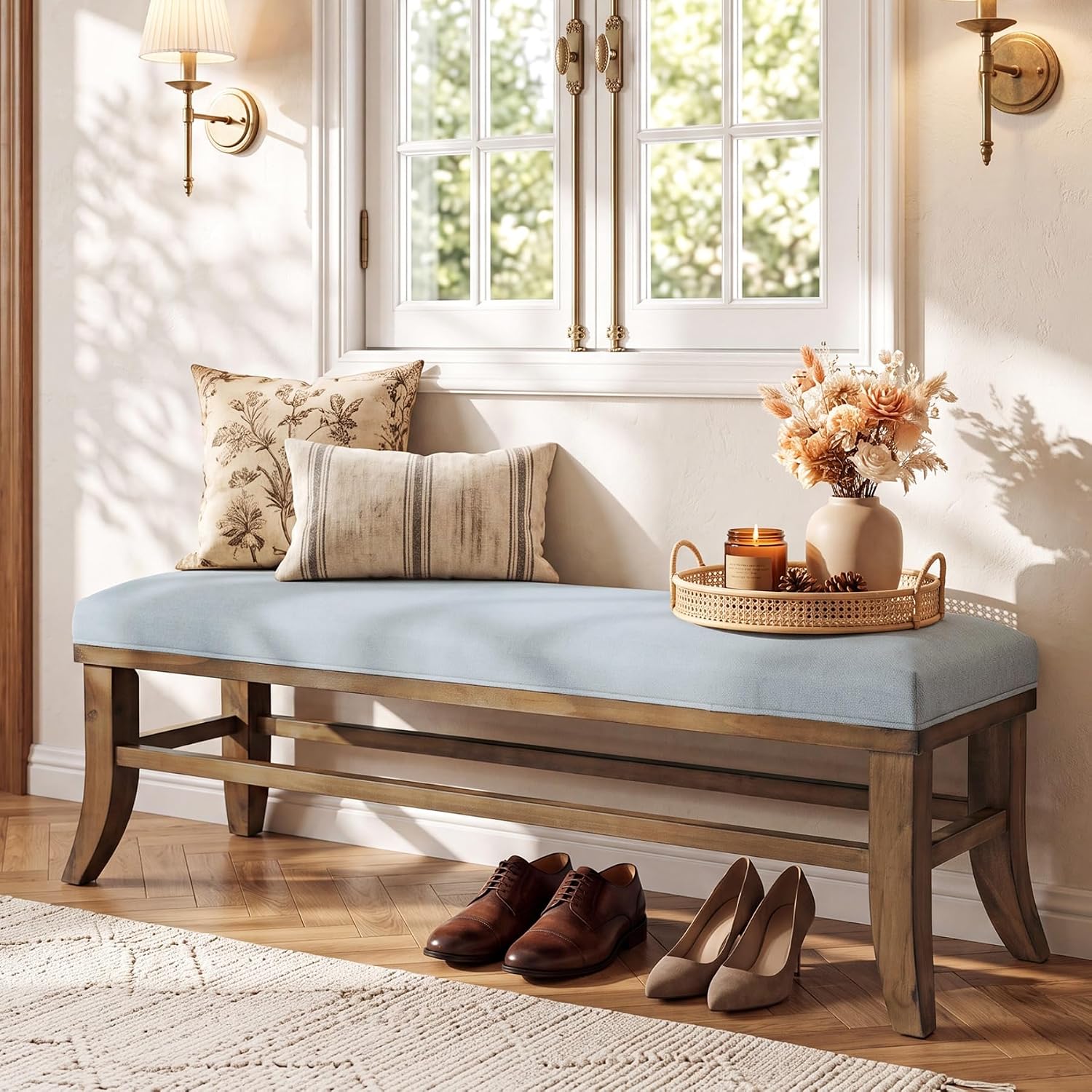Linen Upholstered Solid Wood Entryway Bench
