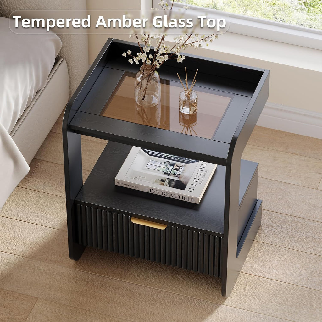 Modern Fluted Wooden Nightstand with Glass Top