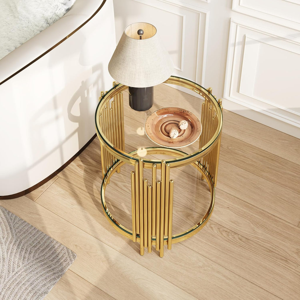 Gold Glass Side Table with Storage Drawers
