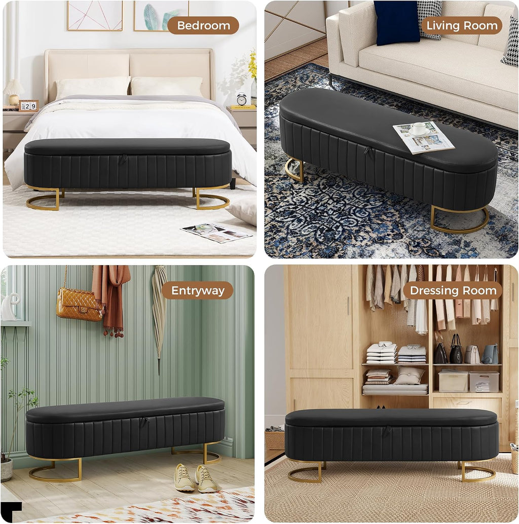 Faux Leather Storage Ottoman Bench with Metal Legs