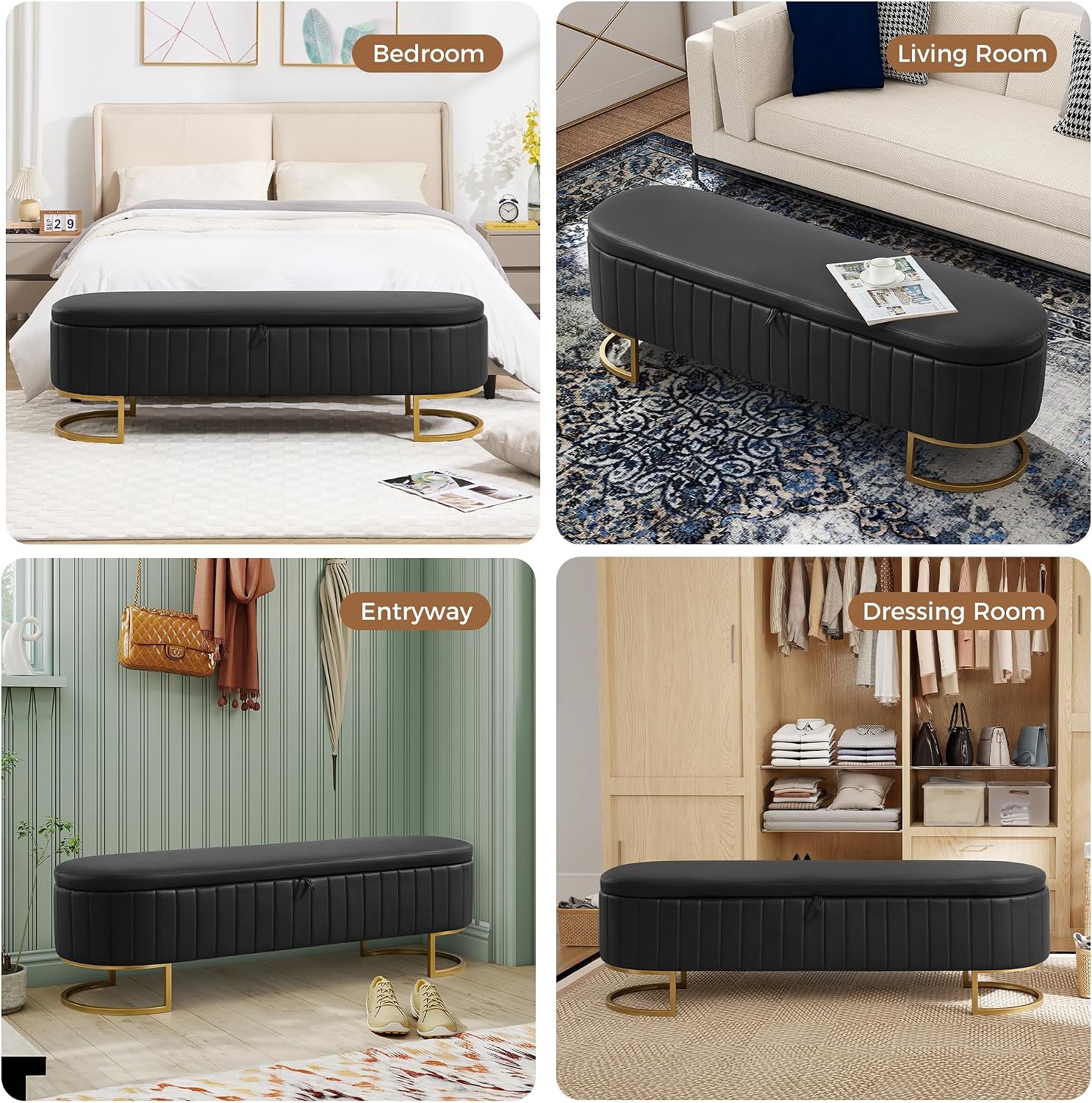 Faux Leather Storage Ottoman Bench with Metal Legs