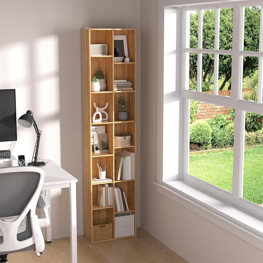 Oak 14‑Cube Tall Narrow Storage Bookshelf