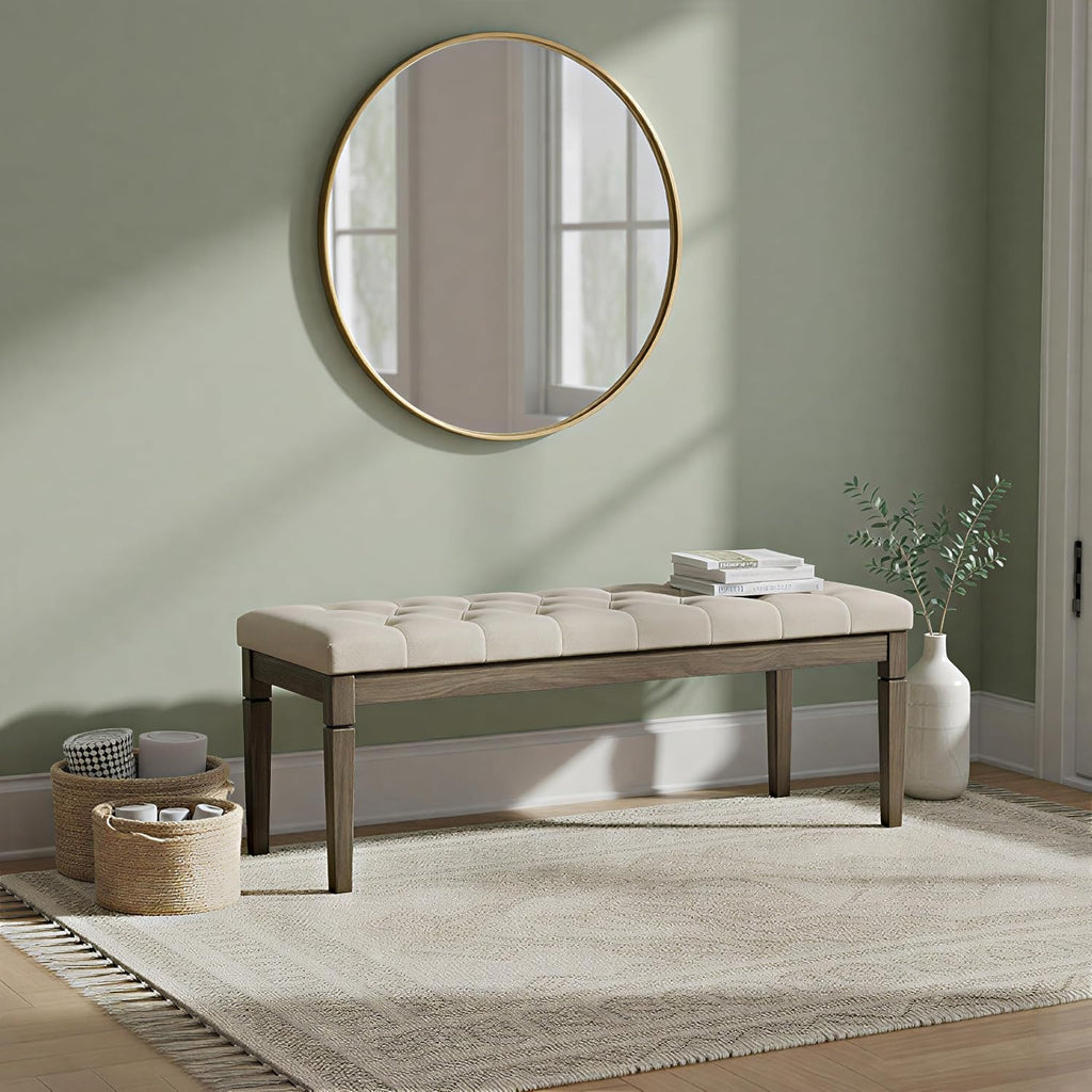 Tufted Fabric Ottoman Bench With Carved Legs