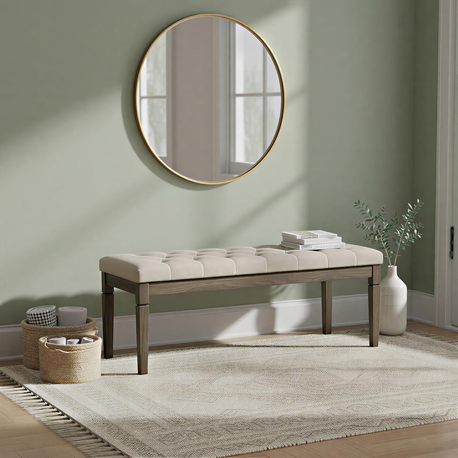 Tufted Fabric Ottoman Bench With Carved Legs