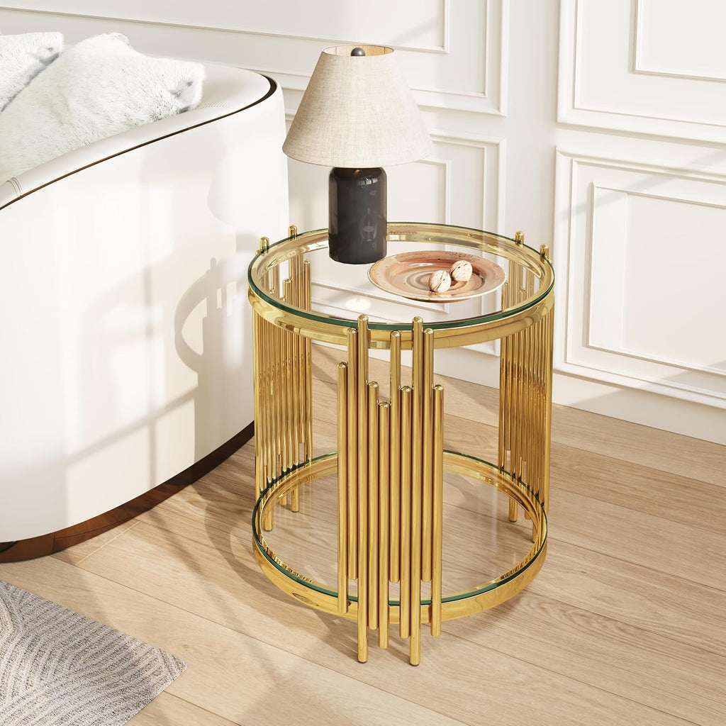 Gold Glass Side Table with Storage Drawers